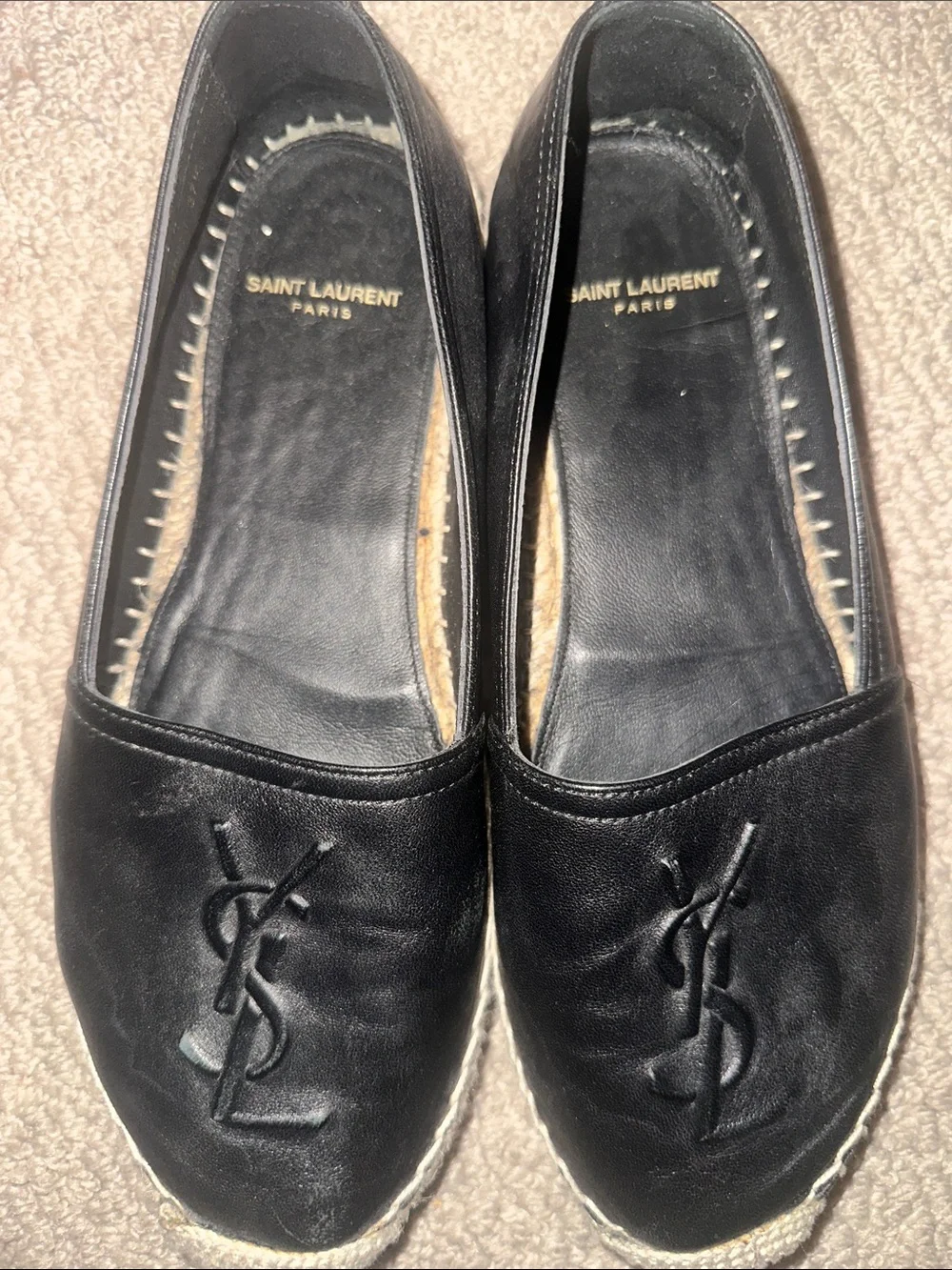 Saint Laurent Black Leather Espadrilles with Embossed YSL